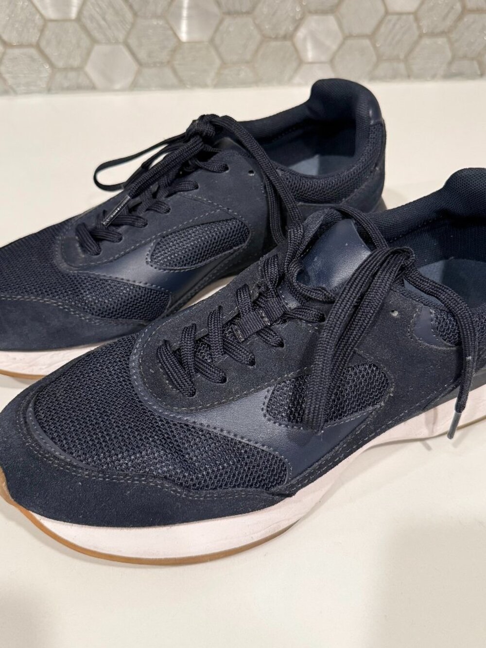 Zara Men Navy Blue Mesh Suede Retro Running Sneakers Gum Sole